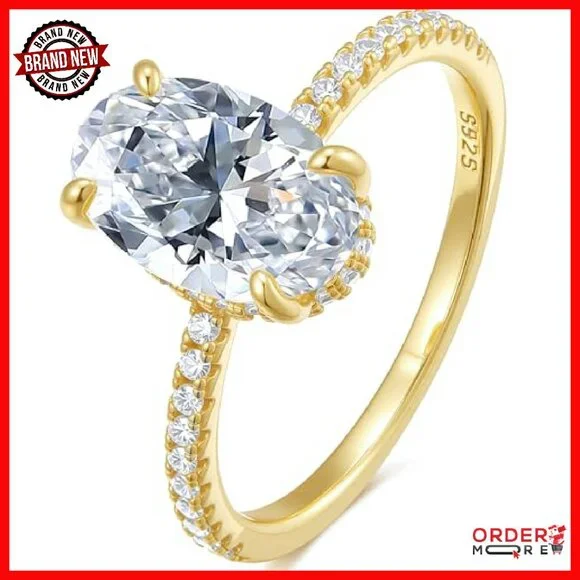 3 Carat Oval Moissanite Engagement Ring 14K Gold Plated Sterling Silver
